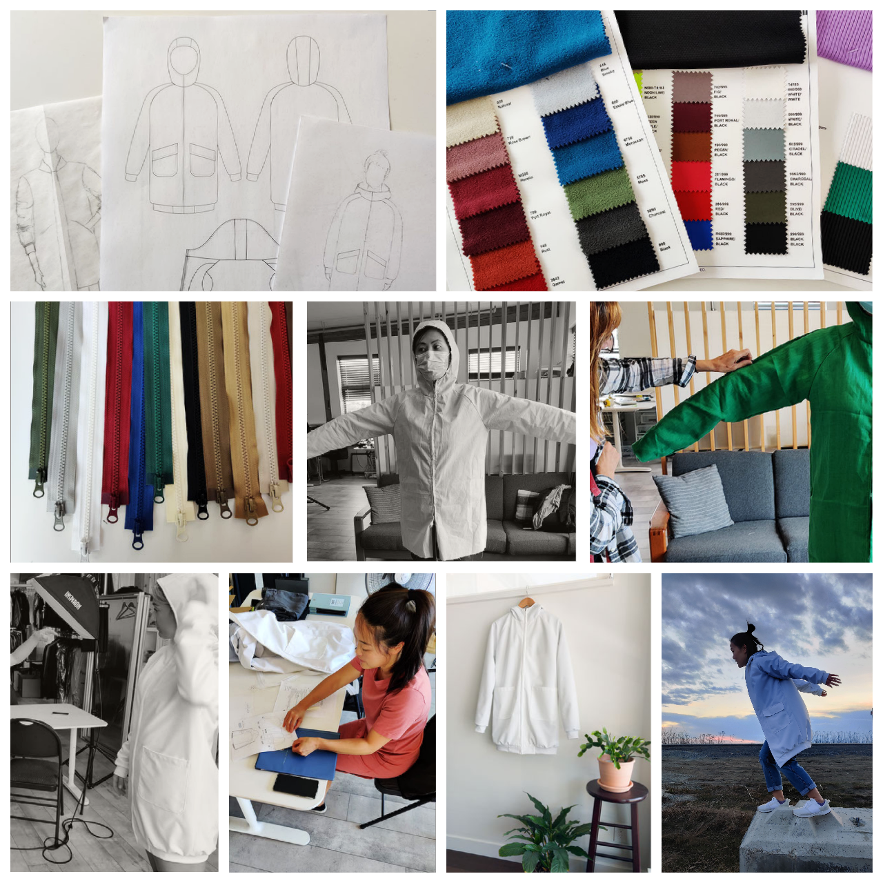 Tingting swim parka is designed and manufactured in Vancouver, Canada. The collage shows the design sketches, fabric swatches, zippers, prototype fitting, and the final product.