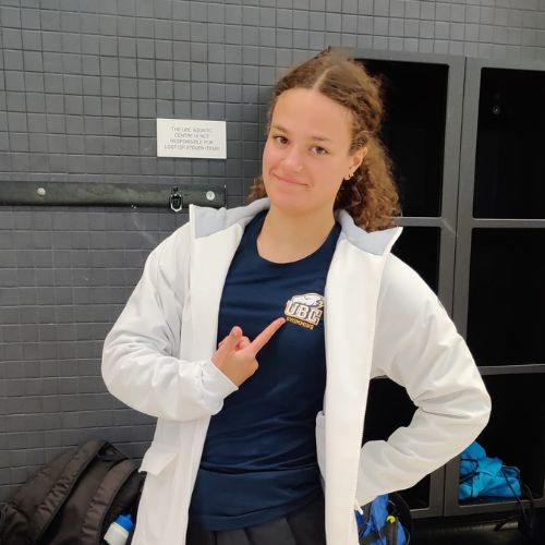 Collegiate Swimmer (UBC Thunderbirds) Anna Dumont tests out Tingting's swim parka